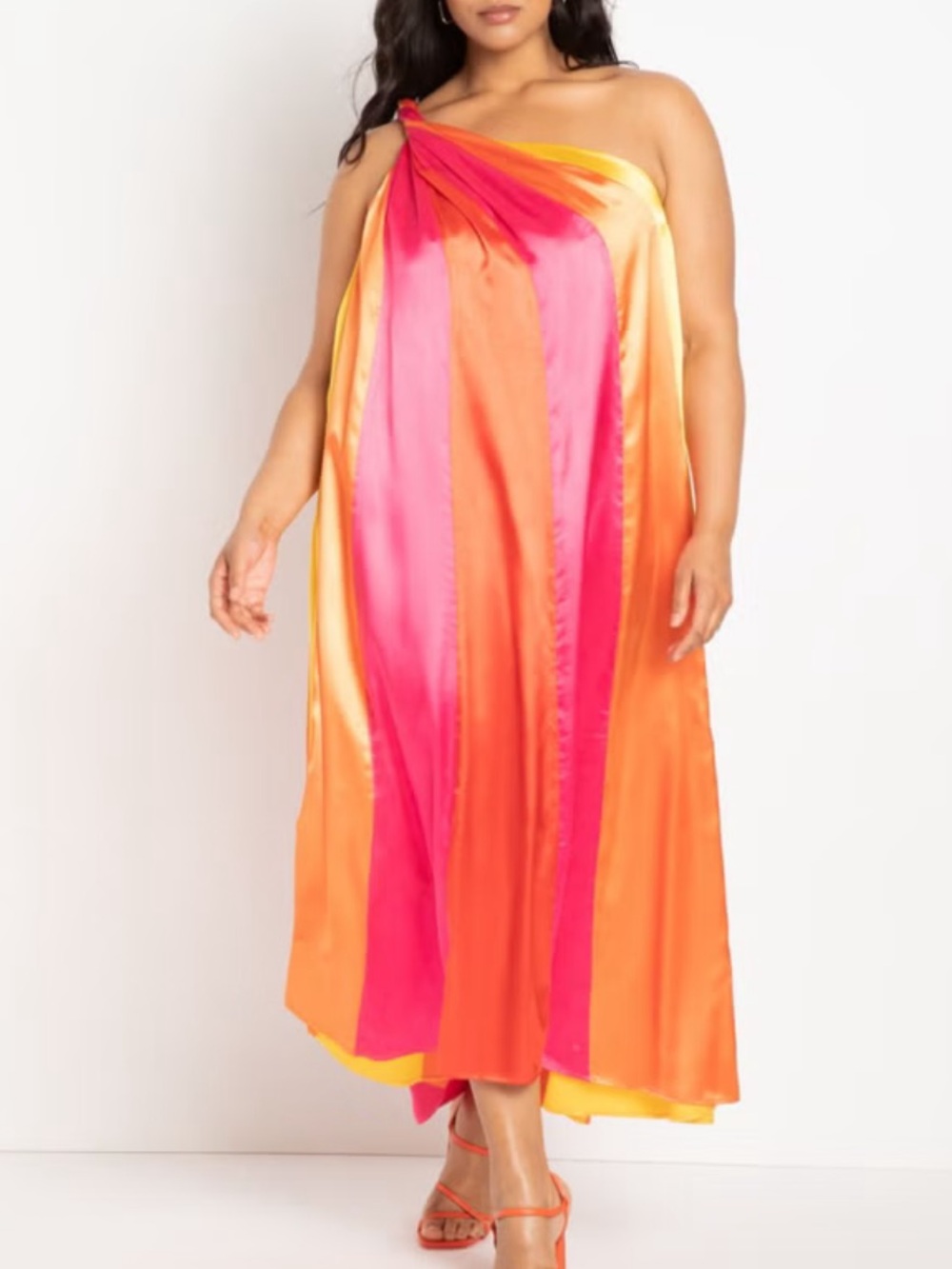 Eloquii Asymmetrical One-Shoulder Maxi Dress in Multi Pink & Orange
